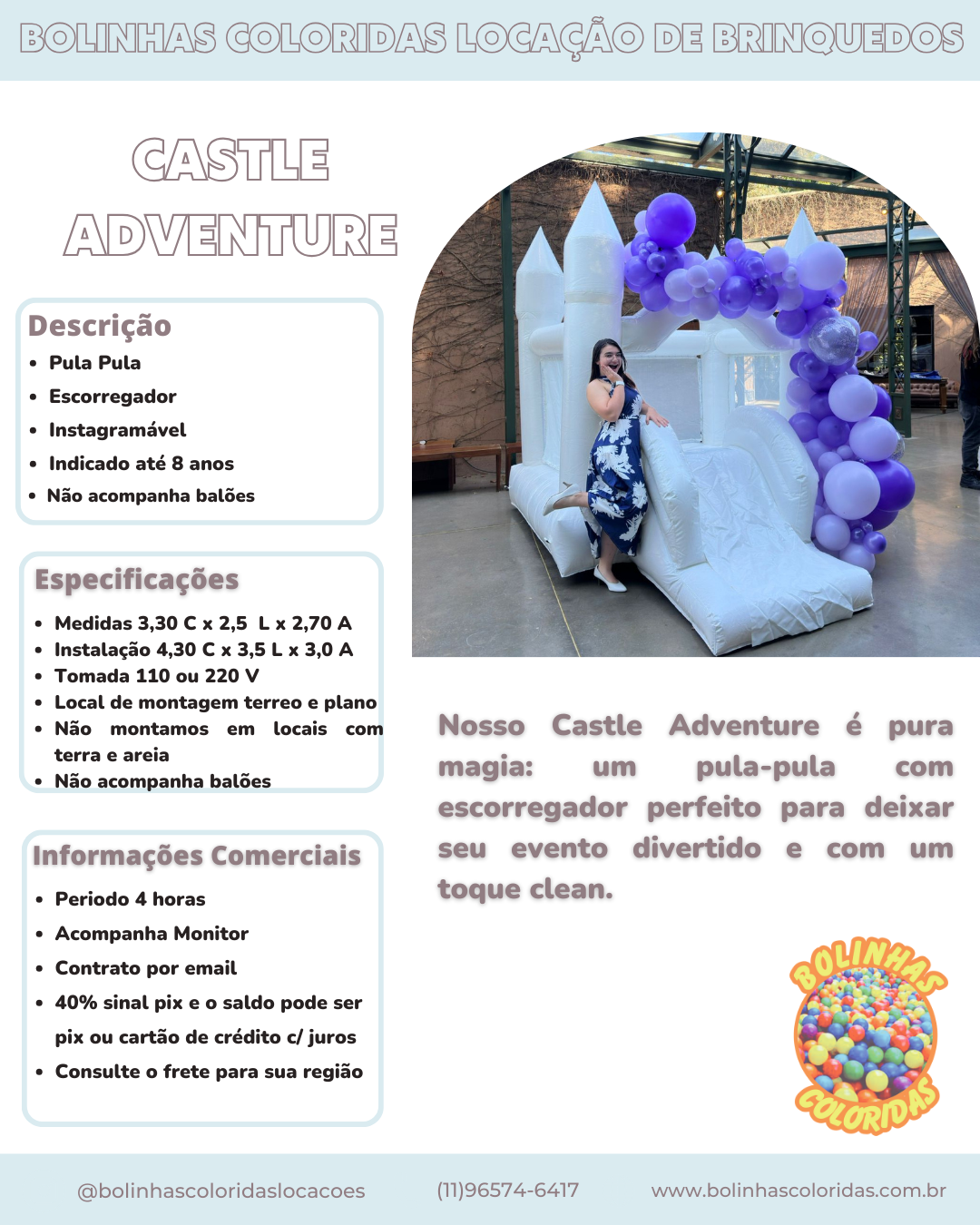 Castelo inflável branco com um pula-pula com escorregador perfeito para deixar seu evento divertido e com um toque clean.